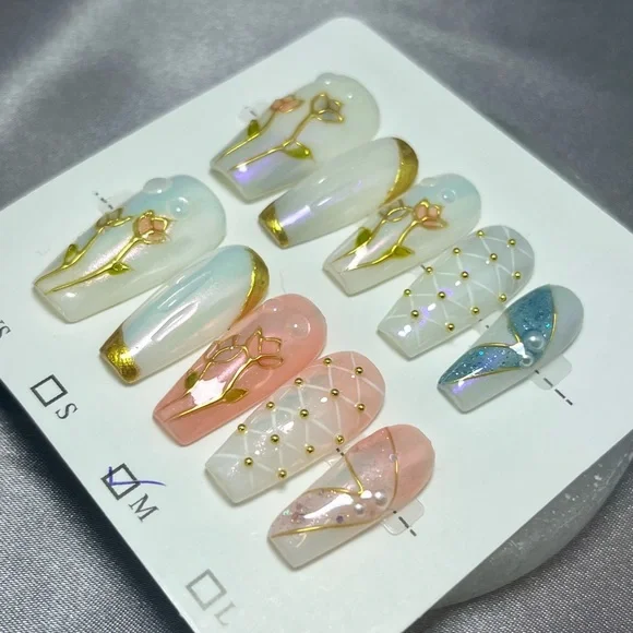 Elegant Floral & 3D Geometric Press On Nails 10 pc handmade reusable medium NWT - Picture 3 of 7